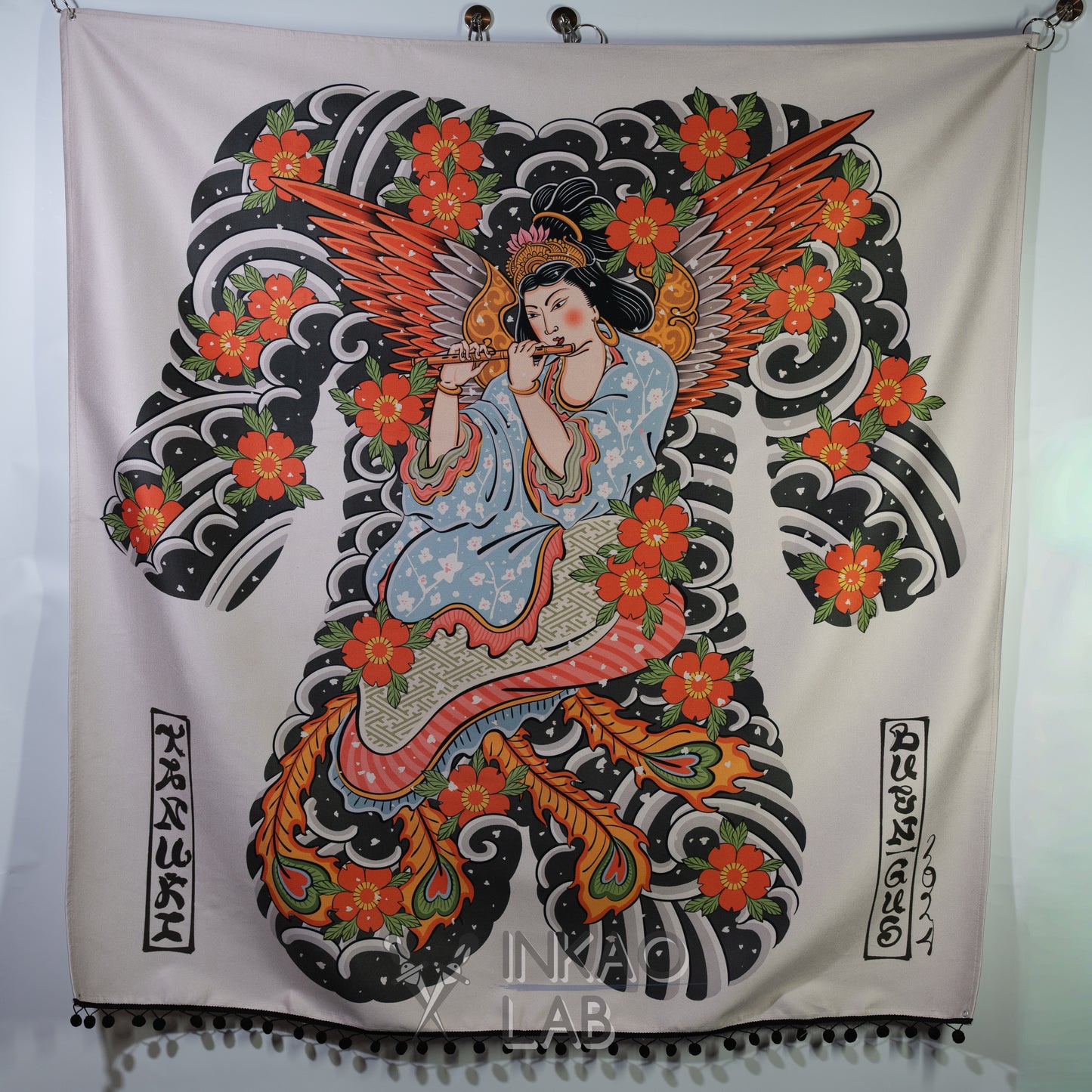 Japanese Decorative Fabric - Traditional Design with Mythological Figure