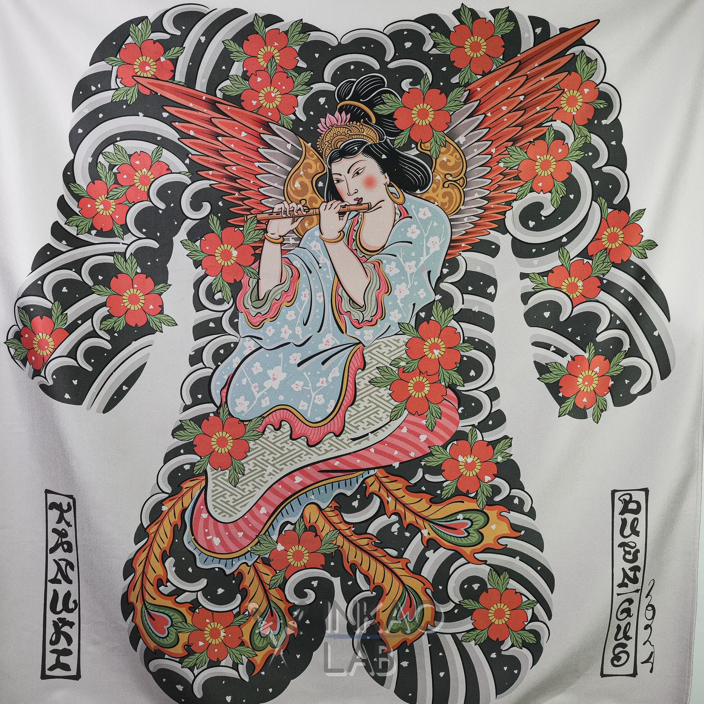 Japanese Decorative Fabric - Traditional Design with Mythological Figure